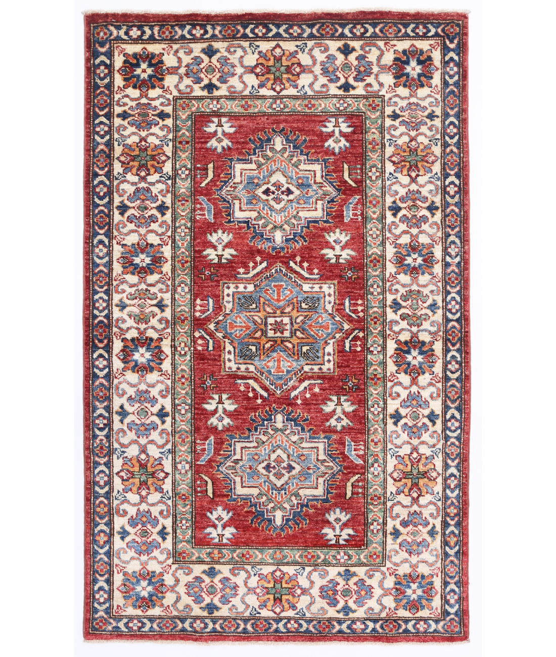 Hand Knotted Kazak Wool Rug  - 3' 2" X 5' 2" 3' 2" X 5' 2" (97 X 157) / Red / Ivory