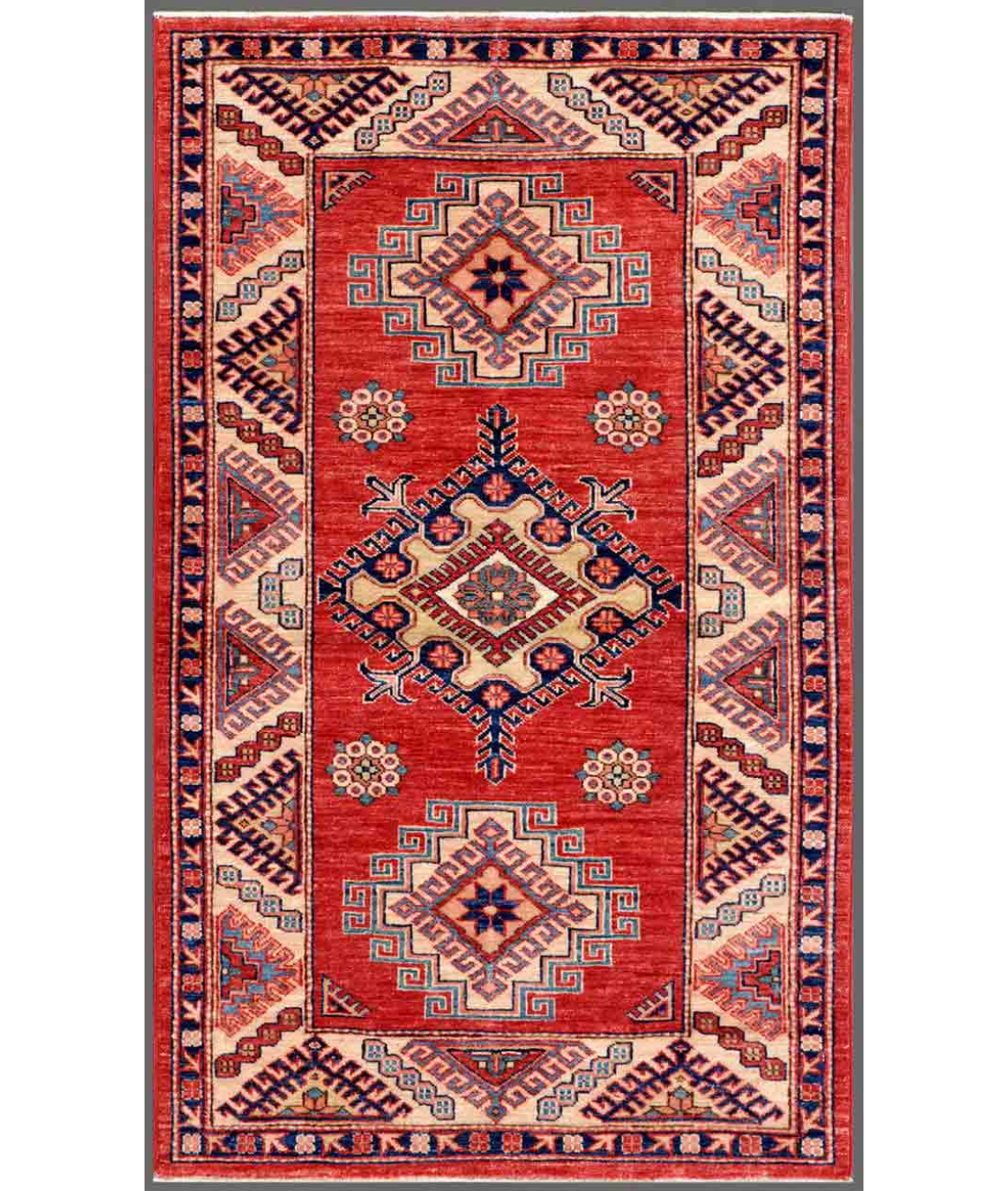 Hand Knotted Kazak Wool Rug  - 2' 11" X 4' 10" 2' 11" X 4' 10" (89 X 147) / Red / Ivory