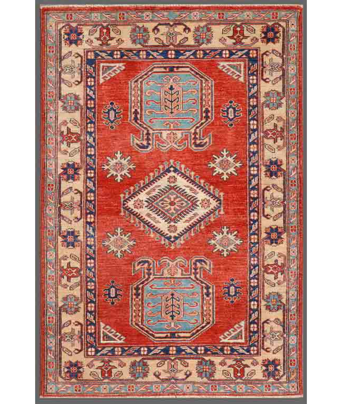 Hand Knotted Kazak Wool Rug  - 3&#39; 2&quot; X 4&#39; 9&quot; 3&#39; 2&quot; X 4&#39; 9&quot; (97 X 145) / Red / Ivory