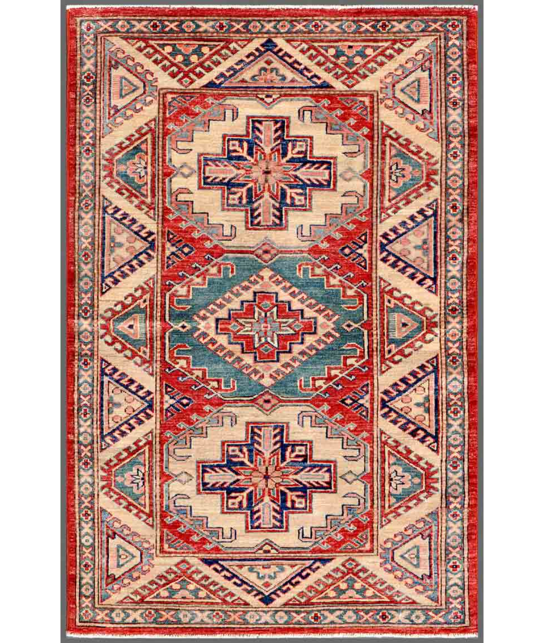 Hand Knotted Kazak Wool Rug  - 3&#39; 2&quot; X 4&#39; 10&quot; 3&#39; 2&quot; X 4&#39; 10&quot; (97 X 147) / Red / Ivory