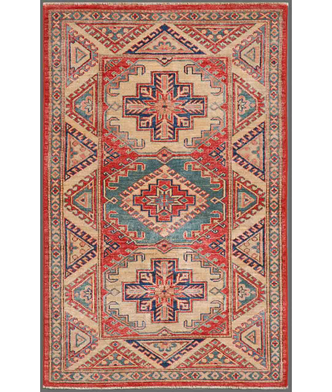 Hand Knotted Kazak Wool Rug  - 3&#39; 1&quot; X 4&#39; 9&quot; 3&#39; 1&quot; X 4&#39; 9&quot; (94 X 145) / Red / Ivory