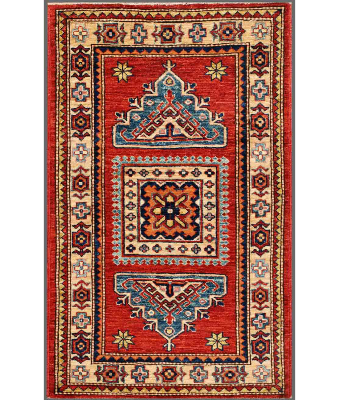 Hand Knotted Kazak Wool Rug  - 2&#39; 8&quot; X 4&#39; 3&quot; 2&#39; 8&quot; X 4&#39; 3&quot; (81 X 130) / Red / Ivory