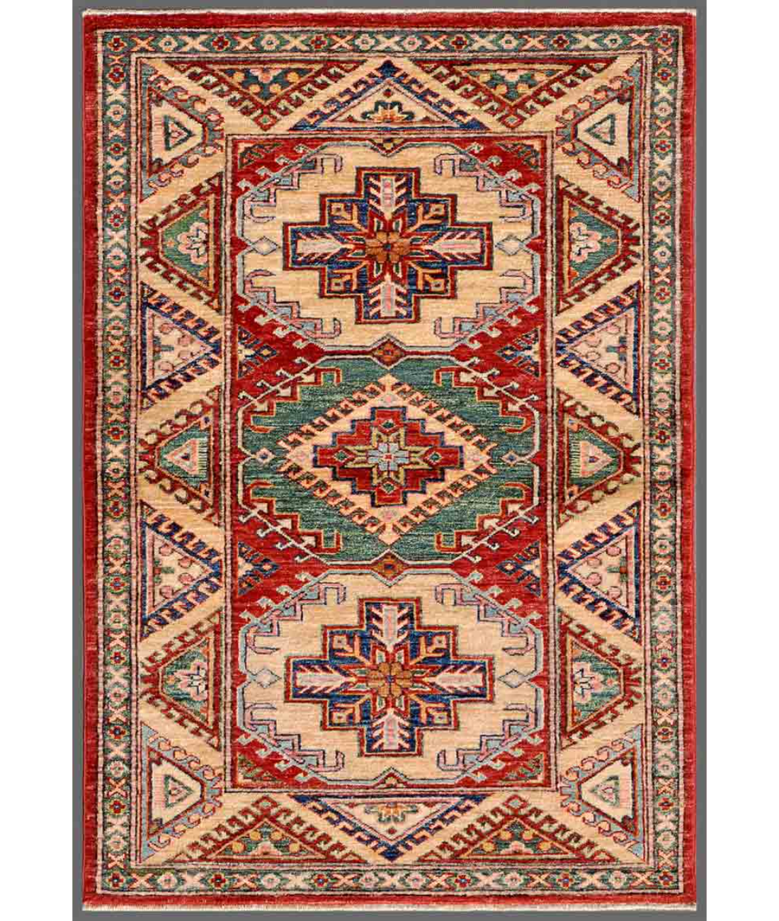 Hand Knotted Kazak Wool Rug  - 3&#39; 0&quot; X 4&#39; 6&quot; 3&#39; 0&quot; X 4&#39; 6&quot; (91 X 137) / Red / Beige