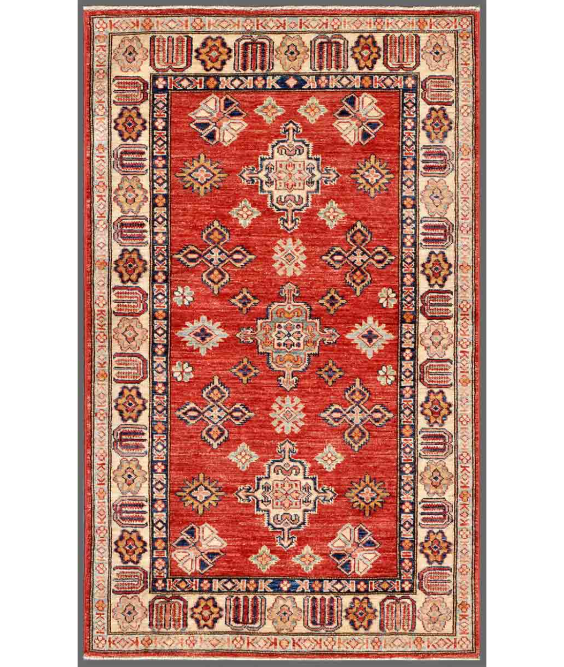 Hand Knotted Kazak Wool Rug  - 3' 2" X 5' 2" 3' 2" X 5' 2" (97 X 157) / Red / Ivory