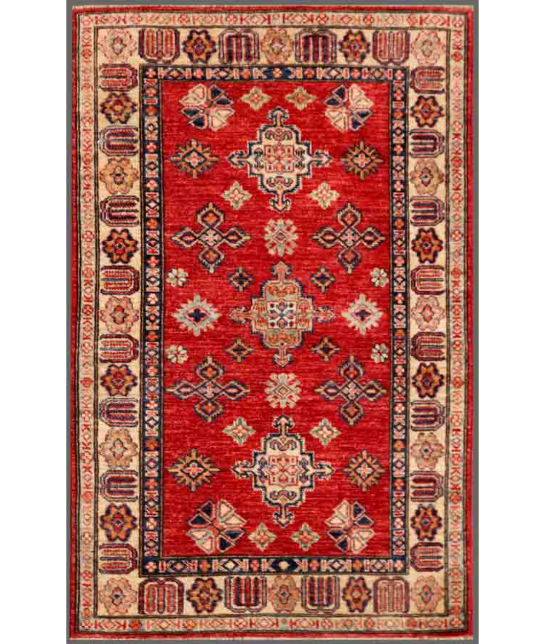 Hand Knotted Kazak Wool Rug  - 3' 4" X 5' 2" 3' 4" X 5' 2" (102 X 157) / Red / Ivory