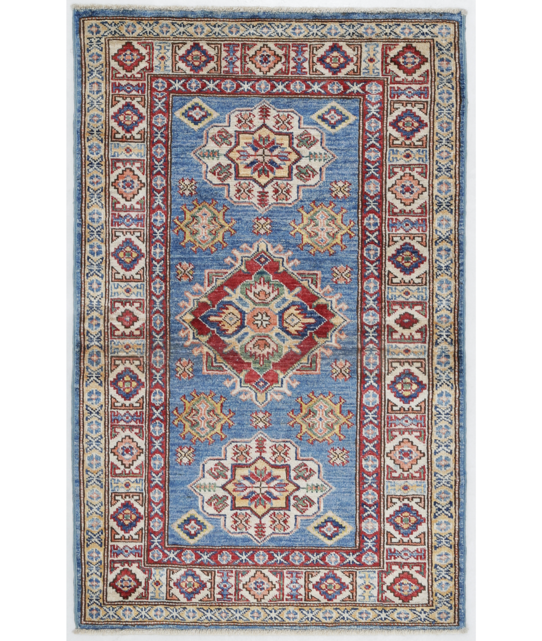 Hand Knotted Kazak Wool Rug  - 2' 5" X 3' 10" 2' 5" X 3' 10" (74 X 117) / Blue / Ivory