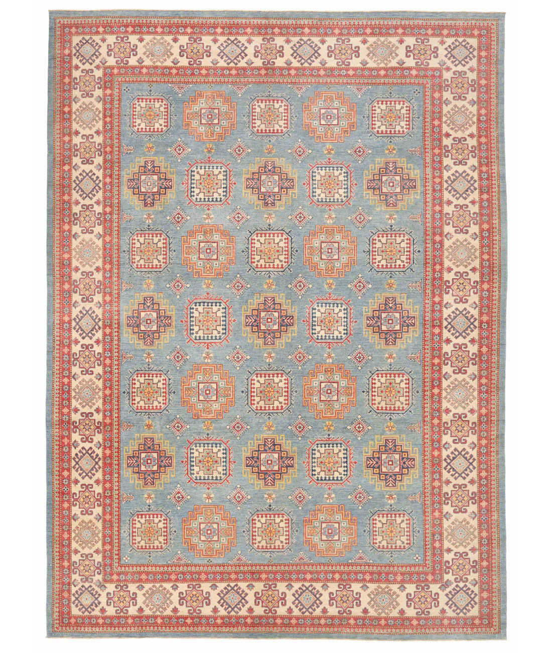 Hand Knotted Kazak Wool Rug  - 12&#39; 6&quot; X 17&#39; 2&quot; 12&#39; 6&quot; X 17&#39; 2&quot; (381 X 523) / Blue / Ivory