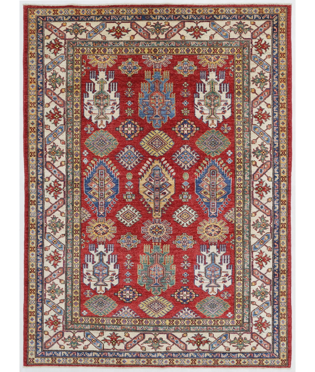 Hand Knotted Kazak Wool Rug  - 5' 1" X 6' 11" 5' 1" X 6' 11" (155 X 211) / Red / Ivory