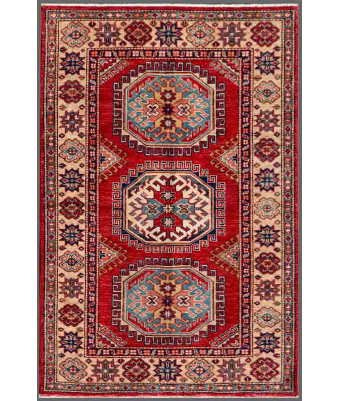 Hand Knotted Kazak Wool Rug  - 3&#39; 2&quot; X 4&#39; 10&quot; 3&#39; 2&quot; X 4&#39; 10&quot; (97 X 147) / Red / Ivory