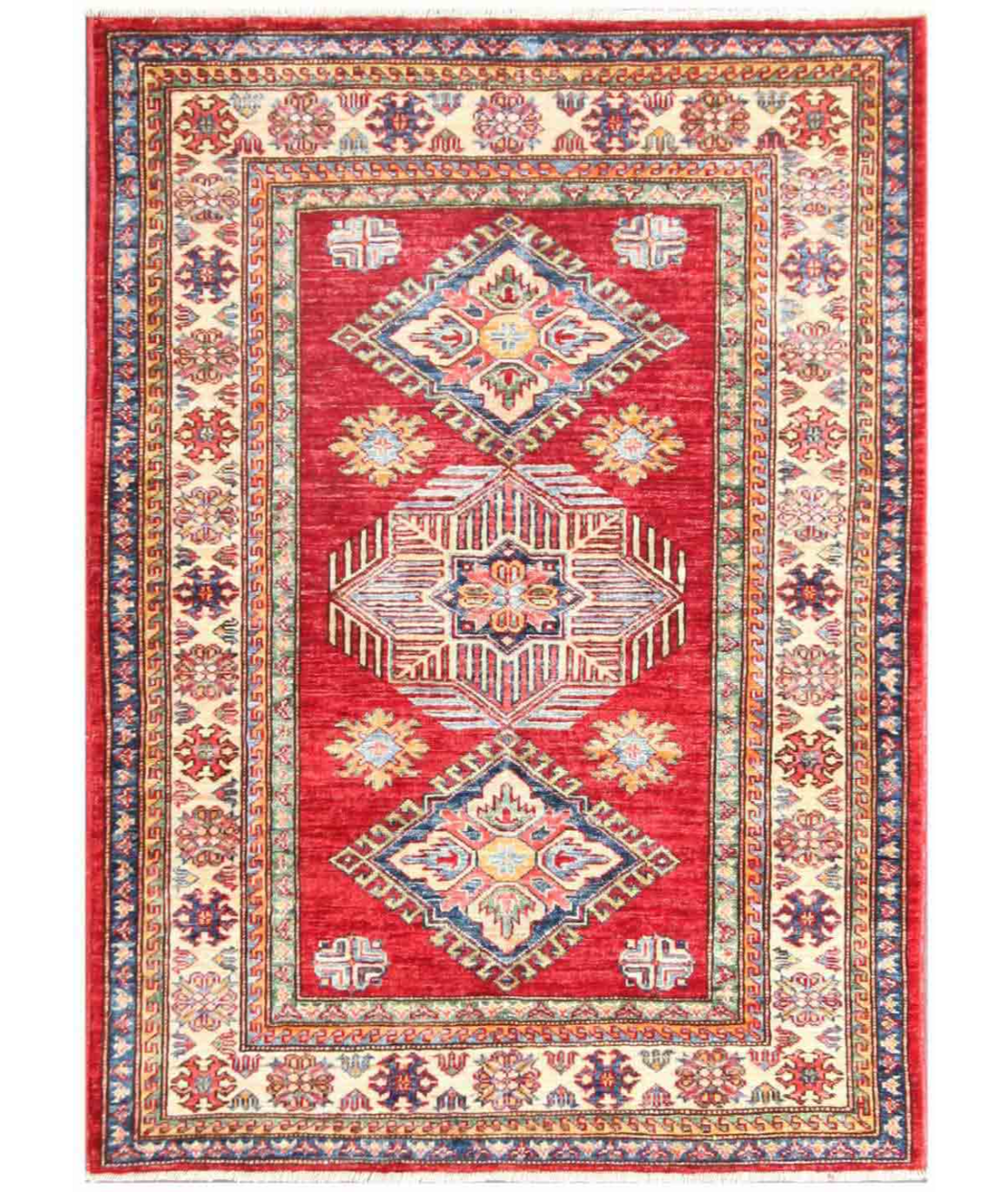 Hand Knotted Kazak Wool Rug  - 3&#39; 5&quot; X 4&#39; 7&quot; 3&#39; 5&quot; X 4&#39; 7&quot; (104 X 140) / Red / Ivory