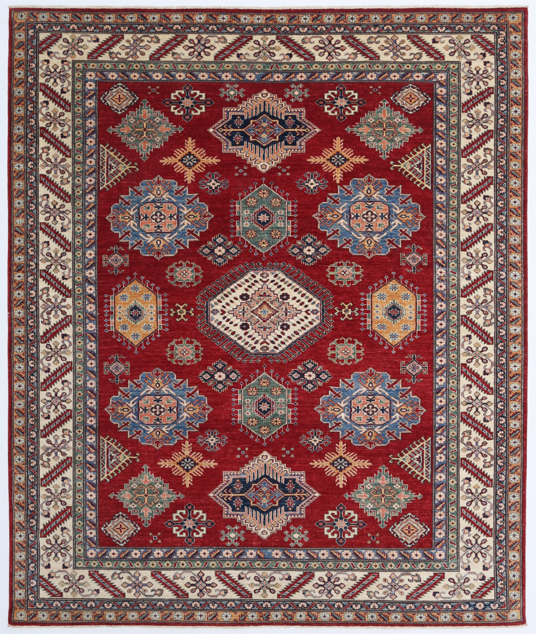 Hand Knotted Kazak Wool Rug  - 8&#39; 3&quot; X 9&#39; 8&quot; 8&#39; 3&quot; X 9&#39; 8&quot; (251 X 295) / Red / Ivory