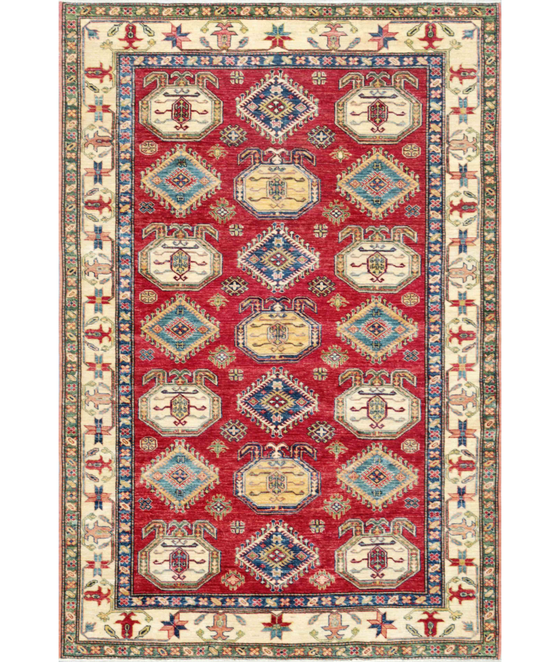 Hand Knotted Kazak Wool Rug  - 5&#39; 5&quot; X 7&#39; 11&quot; 5&#39; 5&quot; X 7&#39; 11&quot; (165 X 241) / Red / Ivory