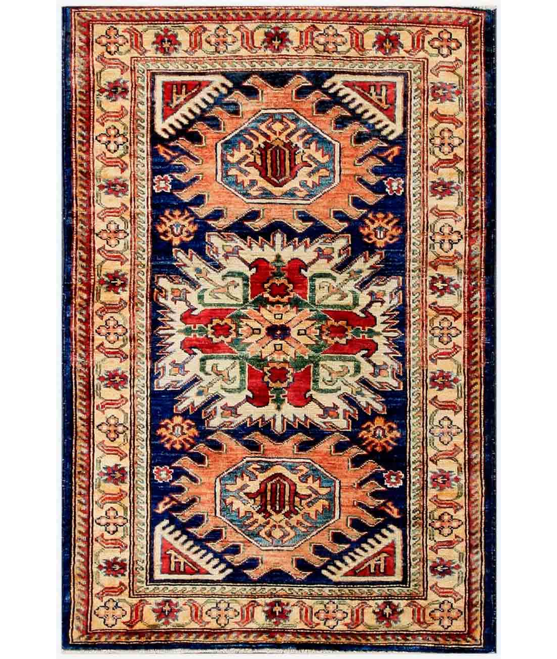 Hand Knotted Kazak Wool Rug  - 2&#39; 9&quot; X 4&#39; 0&quot; 2&#39; 9&quot; X 4&#39; 0&quot; (84 X 122) / Blue / Ivory