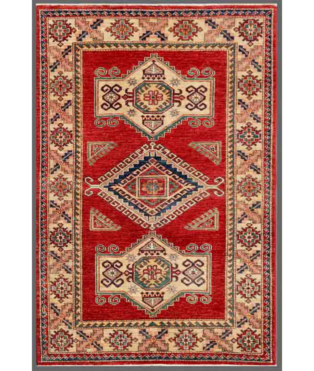 Hand Knotted Kazak Wool Rug  - 4' 1" X 6' 2" 4' 1" X 6' 2" (124 X 188) / Red / Ivory