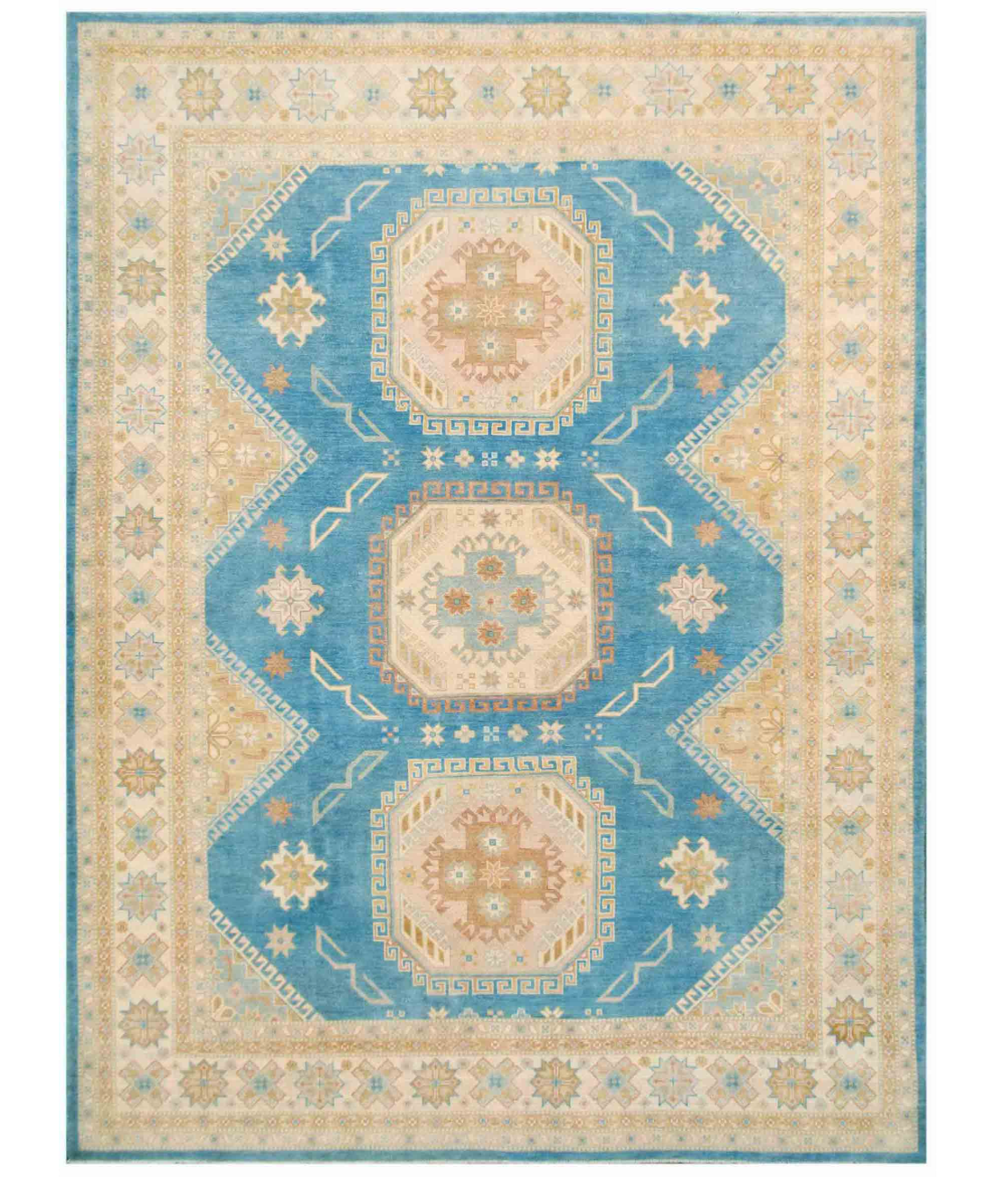 Hand Knotted Kazak Wool Rug  - 9&#39; 0&quot; X 12&#39; 0&quot; 9&#39; 0&quot; X 12&#39; 0&quot; (274 X 366) / Blue / Ivory