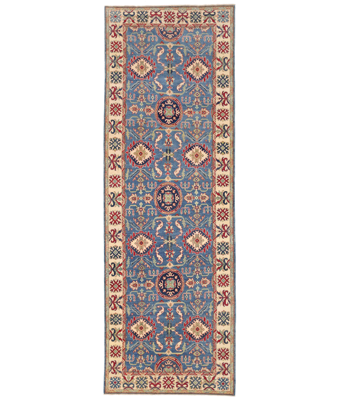 Hand Knotted Kazak Wool Rug  - 4&#39; 10&quot; X 14&#39; 10&quot; 4&#39; 10&quot; X 14&#39; 10&quot; (147 X 452) / Blue / Ivory