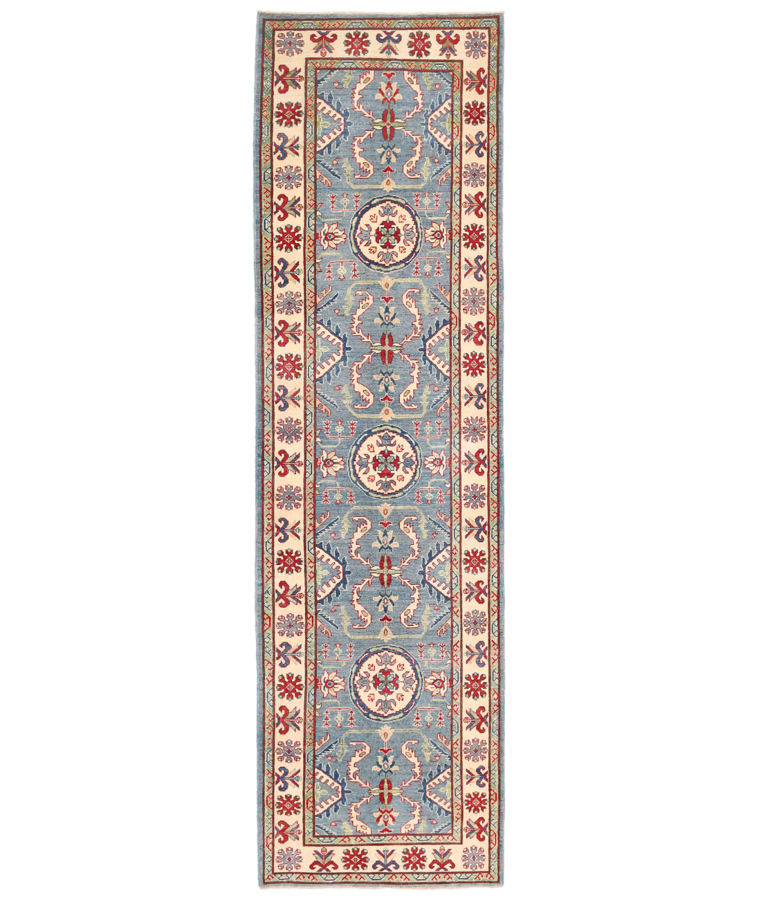 Hand Knotted Kazak Wool Rug  - 4&#39; 0&quot; X 14&#39; 3&quot; 4&#39; 0&quot; X 14&#39; 3&quot; (122 X 434) / Blue / Ivory