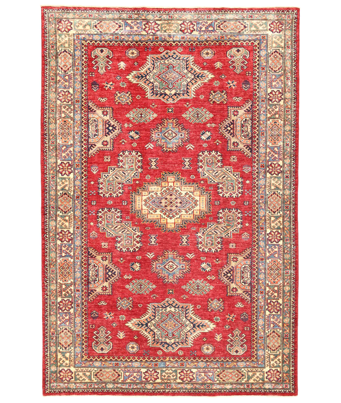 Hand Knotted Kazak Wool Rug  - 5' 3" X 8' 1" 5' 3" X 8' 1" (160 X 246) / Red / Ivory