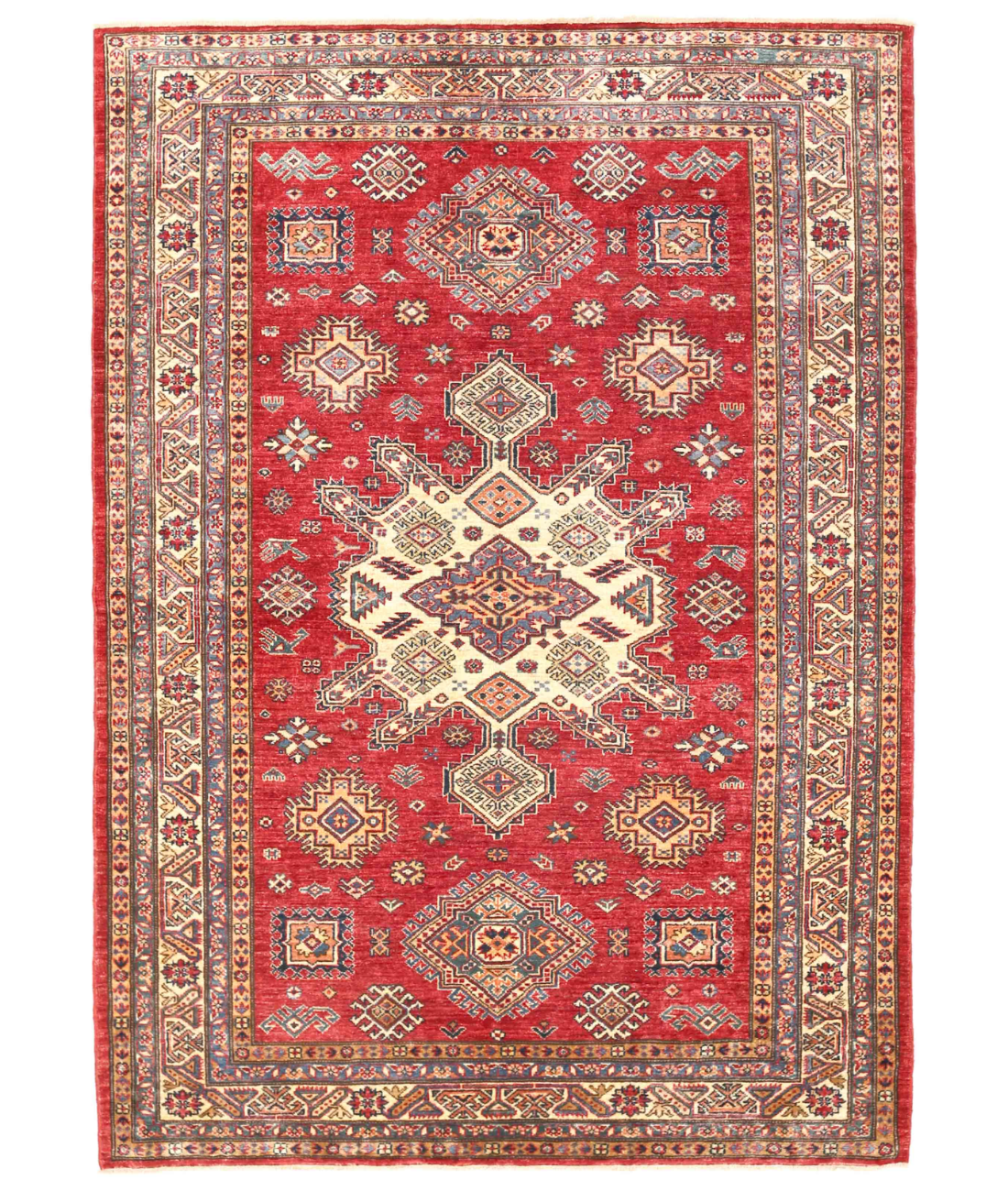 Hand Knotted Kazak Wool Rug  - 5' 6" X 7' 11" 5' 6" X 7' 11" (168 X 241) / Red / Ivory