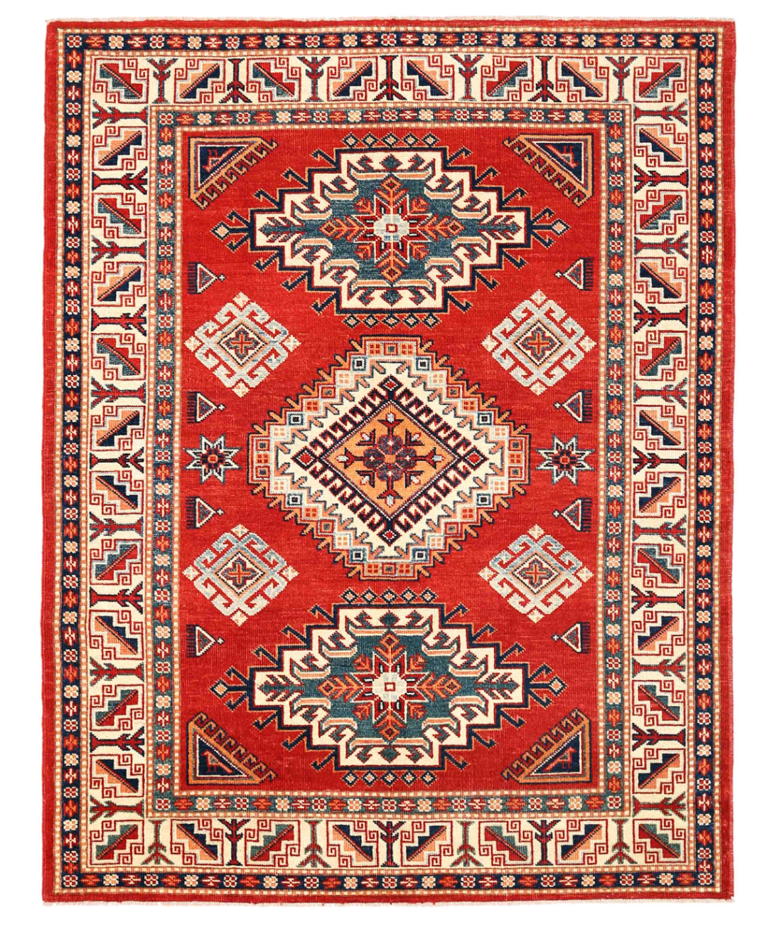 Hand Knotted Kazak Wool Rug  - 4' 11" X 6' 5" 4' 11" X 6' 5" (150 X 196) / Red / Ivory