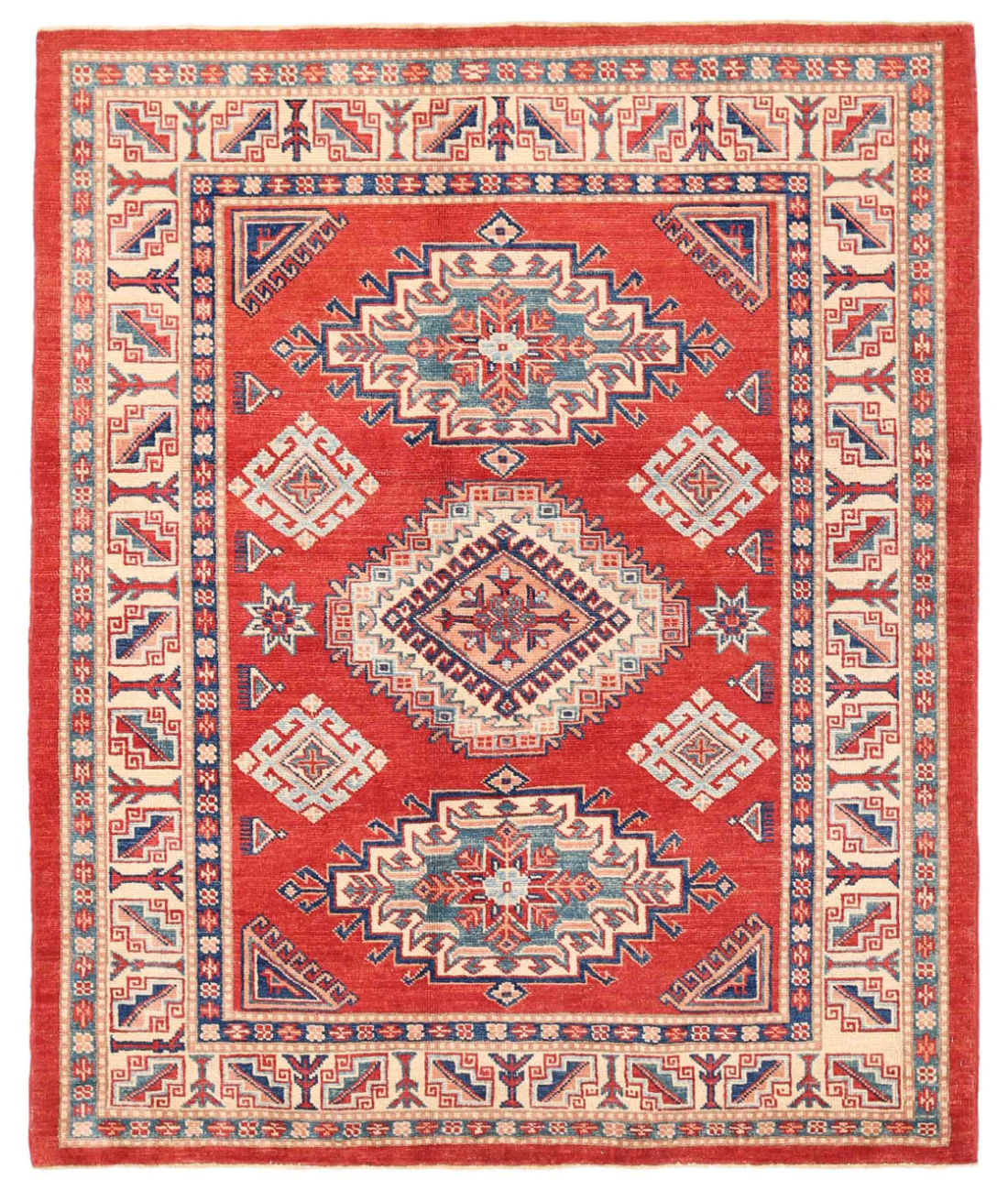 Hand Knotted Kazak Wool Rug  - 5' 1" X 6' 2" 5' 1" X 6' 2" (155 X 188) / Red / Ivory