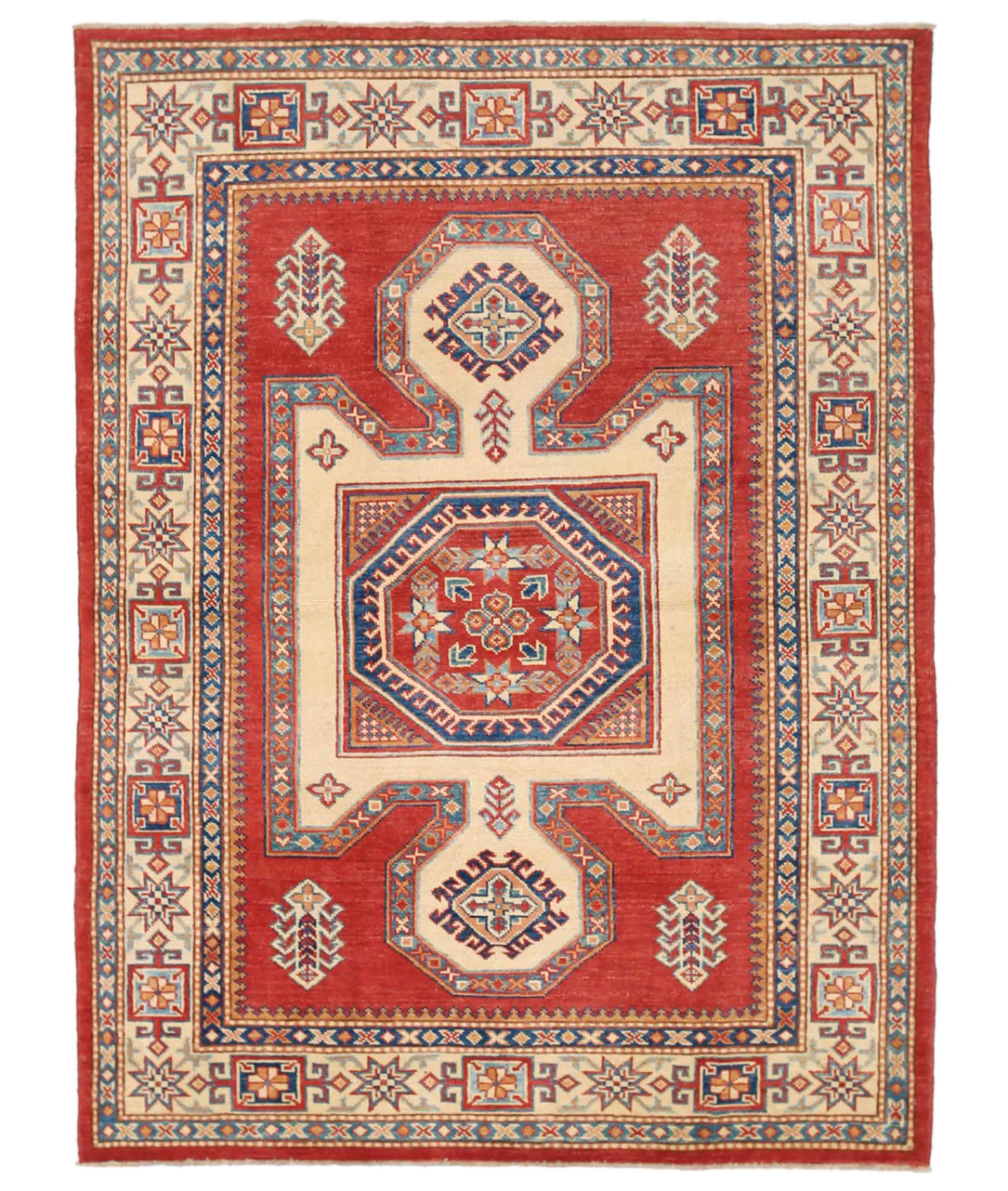 Hand Knotted Kazak Wool Rug  - 4&#39; 10&quot; X 6&#39; 7&quot; 4&#39; 10&quot; X 6&#39; 7&quot; (147 X 201) / Red / Beige