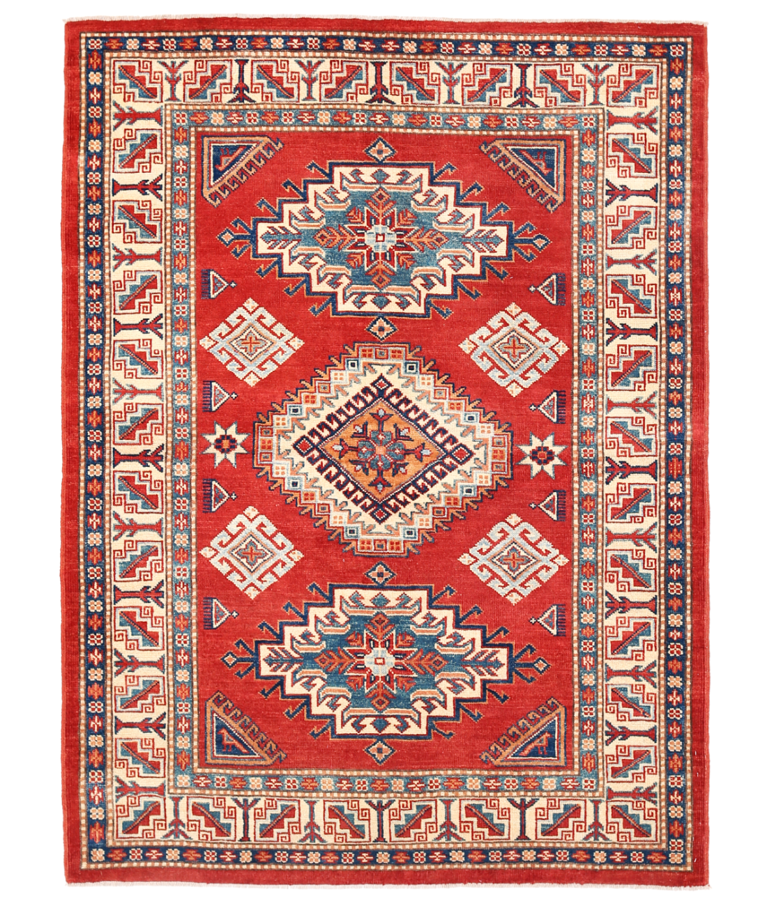 Hand Knotted Kazak Wool Rug  - 5' 0" X 6' 11" 5' 0" X 6' 11" (152 X 211) / Red / Ivory