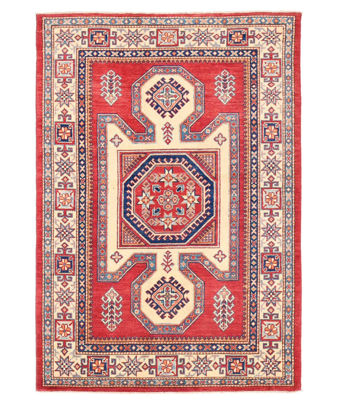 Hand Knotted Kazak Wool Rug  - 4' 8" X 6' 8" 4' 8" X 6' 8" (142 X 203) / Red / Ivory