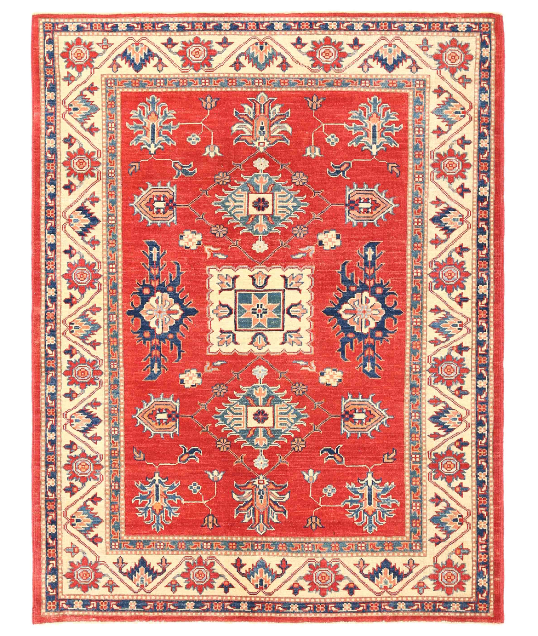 Hand Knotted Kazak Wool Rug  - 5' 2" X 6' 9" 5' 2" X 6' 9" (157 X 206) / Red / Ivory