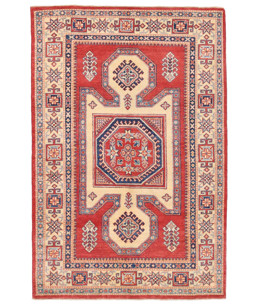 Hand Knotted Kazak Wool Rug  - 4' 4" X 6' 9" 4' 4" X 6' 9" (132 X 206) / Red / Ivory