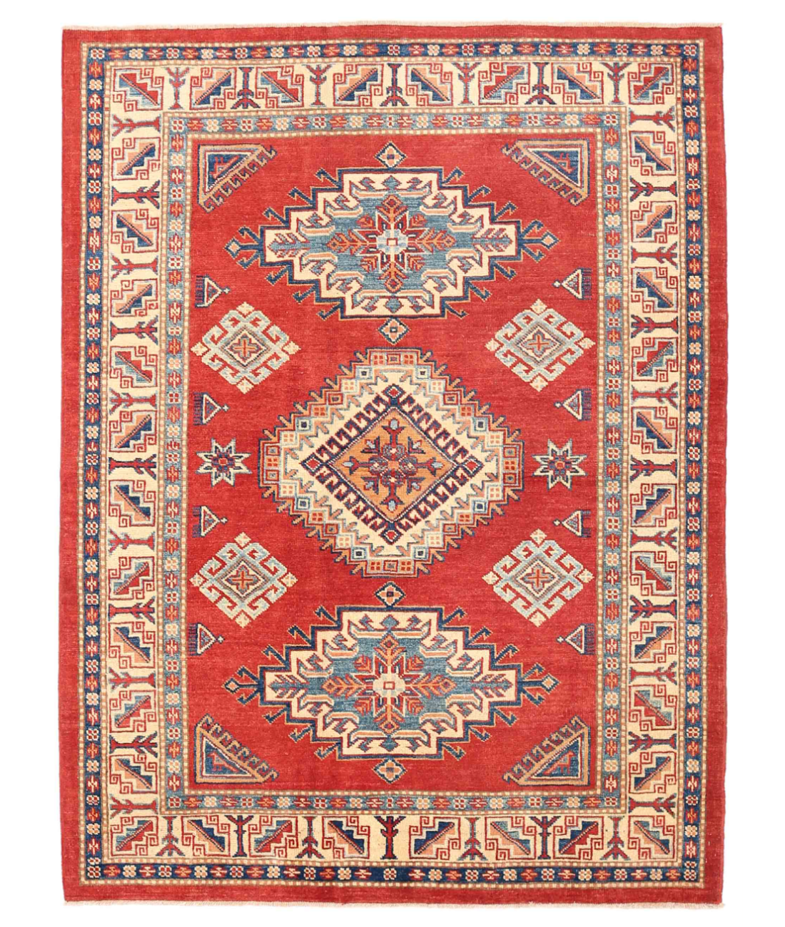 Hand Knotted Kazak Wool Rug  - 4' 11" X 6' 7" 4' 11" X 6' 7" (150 X 201) / Red / Ivory