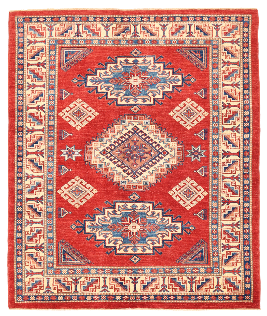 Hand Knotted Kazak Wool Rug  - 5' 1" X 6' 2" 5' 1" X 6' 2" (155 X 188) / Red / Ivory