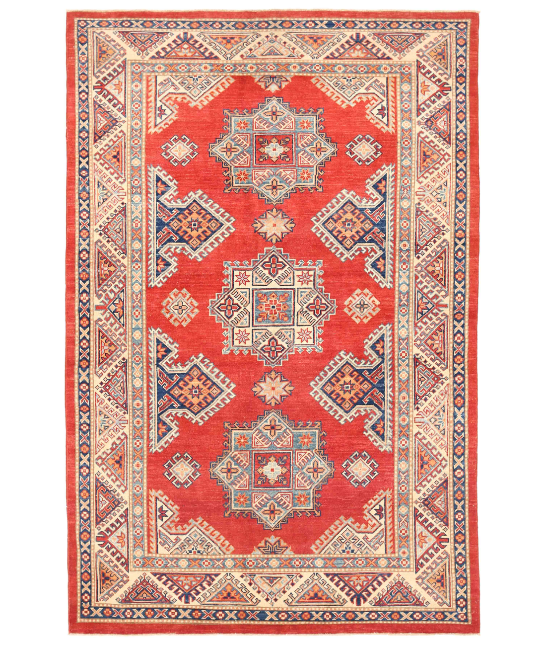 Hand Knotted Kazak Wool Rug  - 5' 5" X 8' 5" 5' 5" X 8' 5" (165 X 257) / Red / Blue