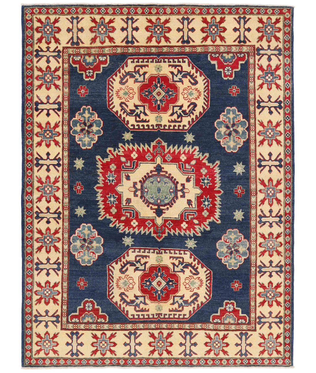 Hand Knotted Kazak Wool Rug  - 4&#39; 11&quot; X 6&#39; 8&quot; 4&#39; 11&quot; X 6&#39; 8&quot; (150 X 203) / Blue / Ivory