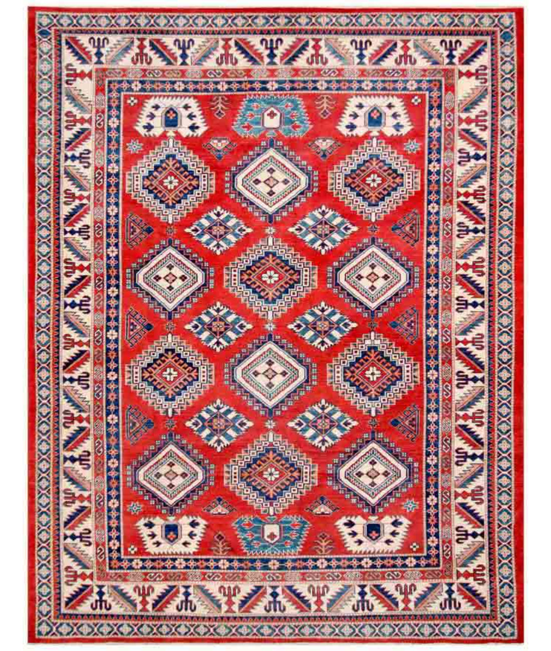 Hand Knotted Kazak Wool Rug  - 9' 1" X 11' 9" 9' 1" X 11' 9" (277 X 358) / Red / Ivory