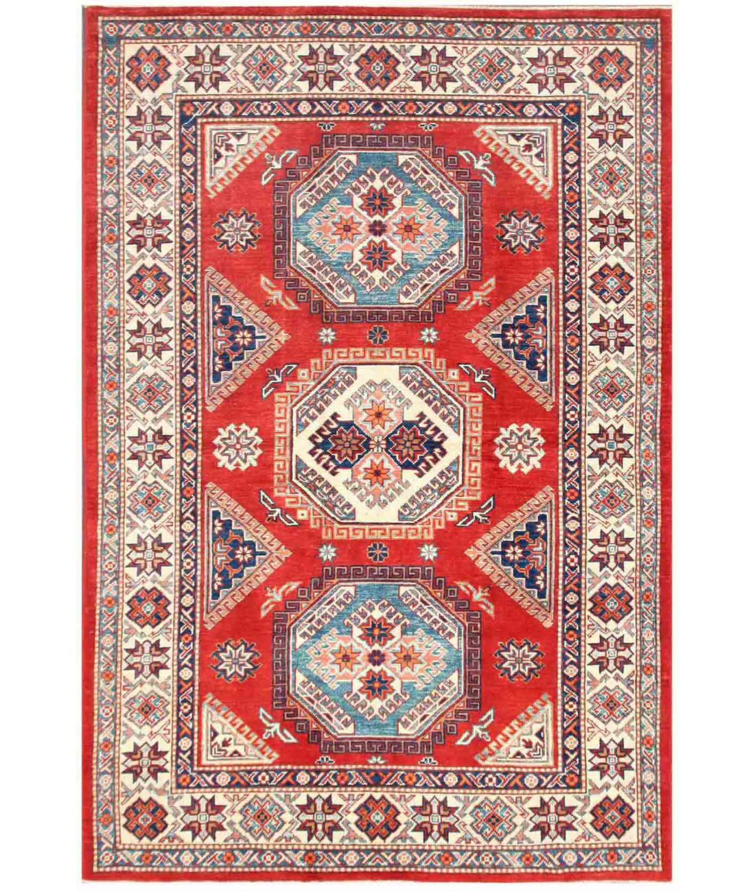 Hand Knotted Kazak Wool Rug  - 5&#39; 5&quot; X 7&#39; 1&quot; 5&#39; 5&quot; X 7&#39; 1&quot; (165 X 216) / Red / Ivory