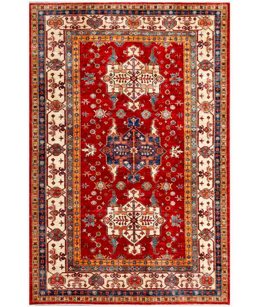 Hand Knotted Kazak Wool Rug  - 5&#39; 9&quot; X 8&#39; 6&quot; 5&#39; 9&quot; X 8&#39; 6&quot; (175 X 259) / Red / Ivory