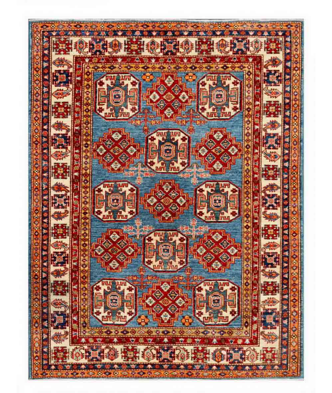 Hand Knotted Kazak Wool Rug  - 4&#39; 11&quot; X 6&#39; 4&quot; 4&#39; 11&quot; X 6&#39; 4&quot; (150 X 193) / Blue / Ivory