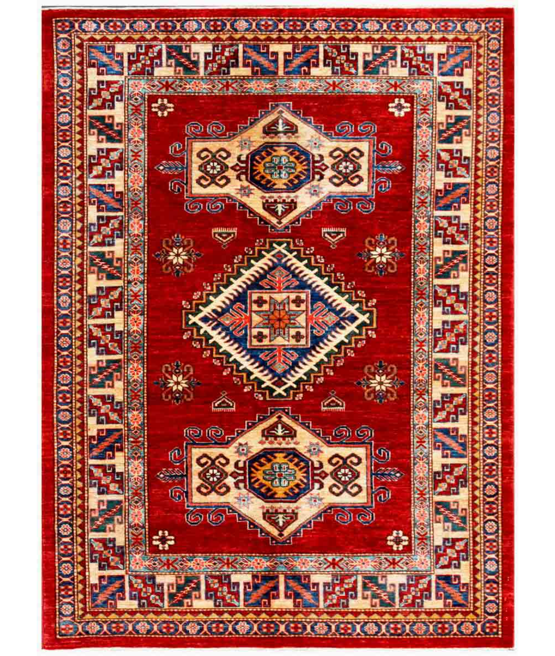 Hand Knotted Kazak Wool Rug  - 4' 9" X 6' 4" 4' 9" X 6' 4" (145 X 193) / Red / Beige