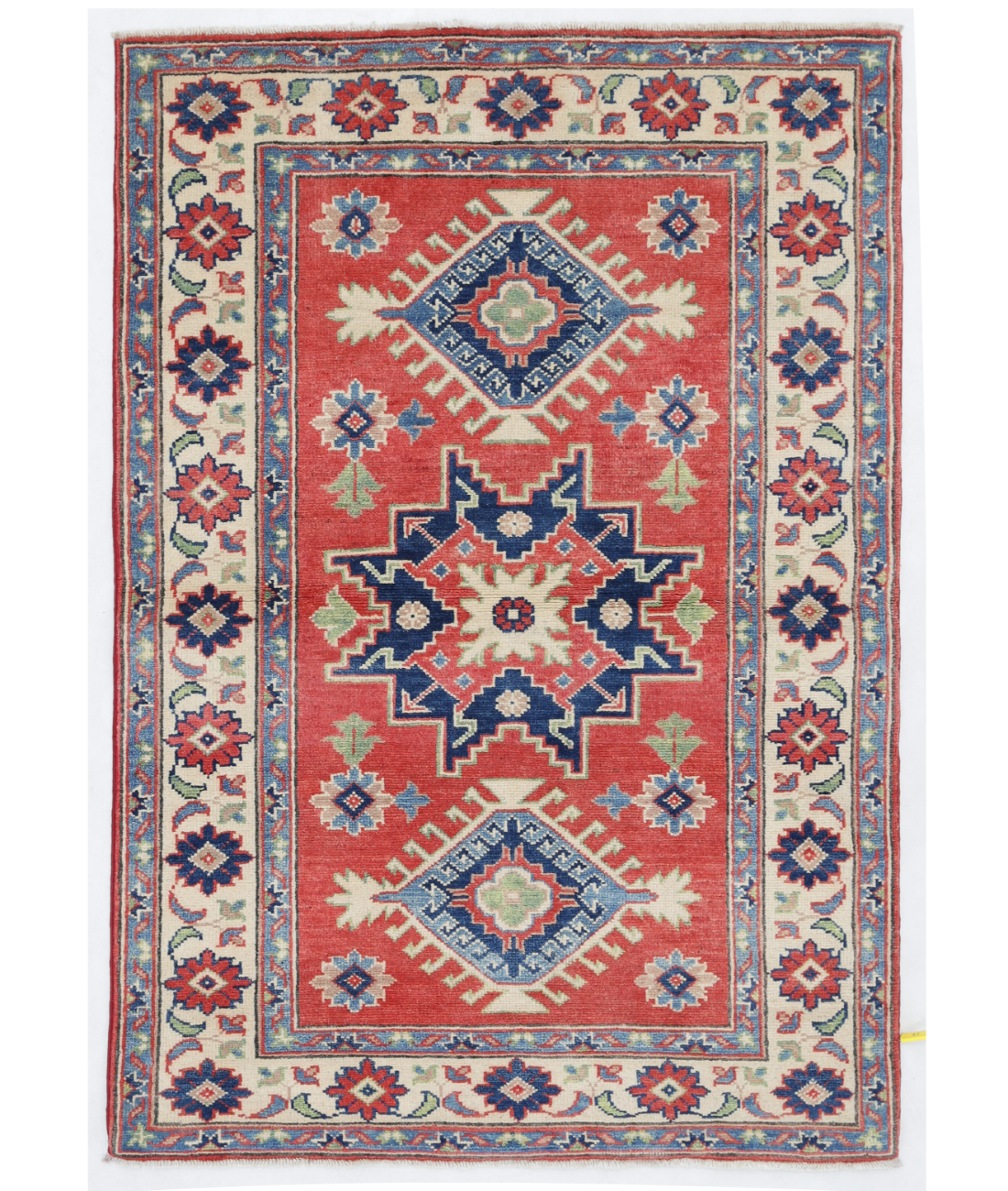 Hand Knotted Kazak Wool Rug  - 3' 4" X 4' 9" 3' 4" X 4' 9" (102 X 145) / Red / Ivory