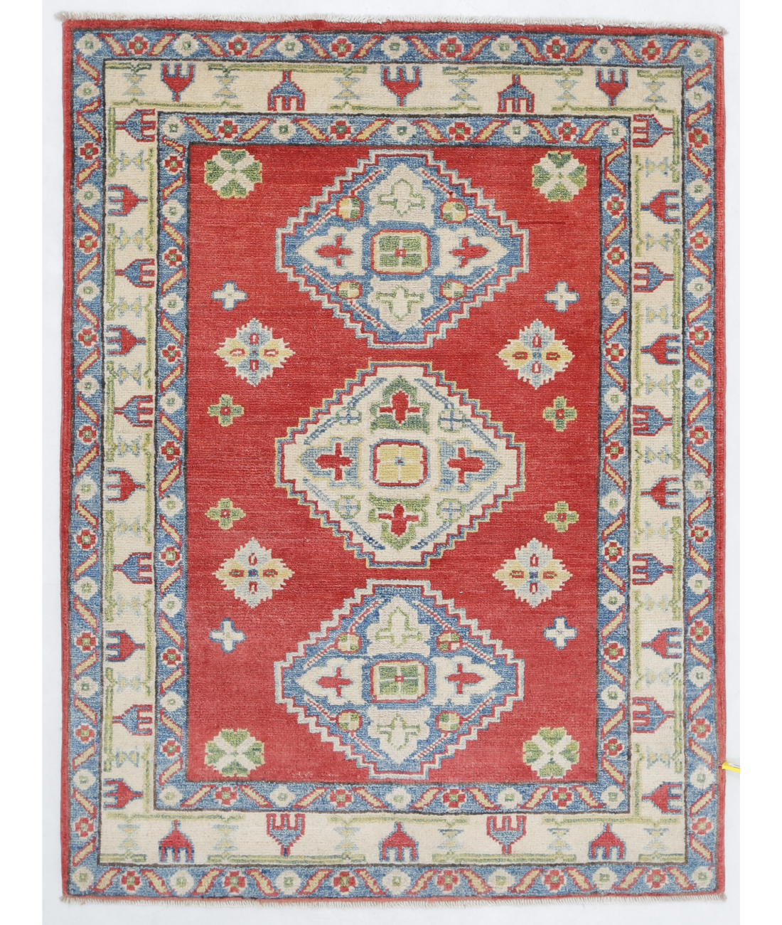 Hand Knotted Kazak Wool Rug  - 2' 10" X 3' 9" 2' 10" X 3' 9" (86 X 114) / Red / Ivory