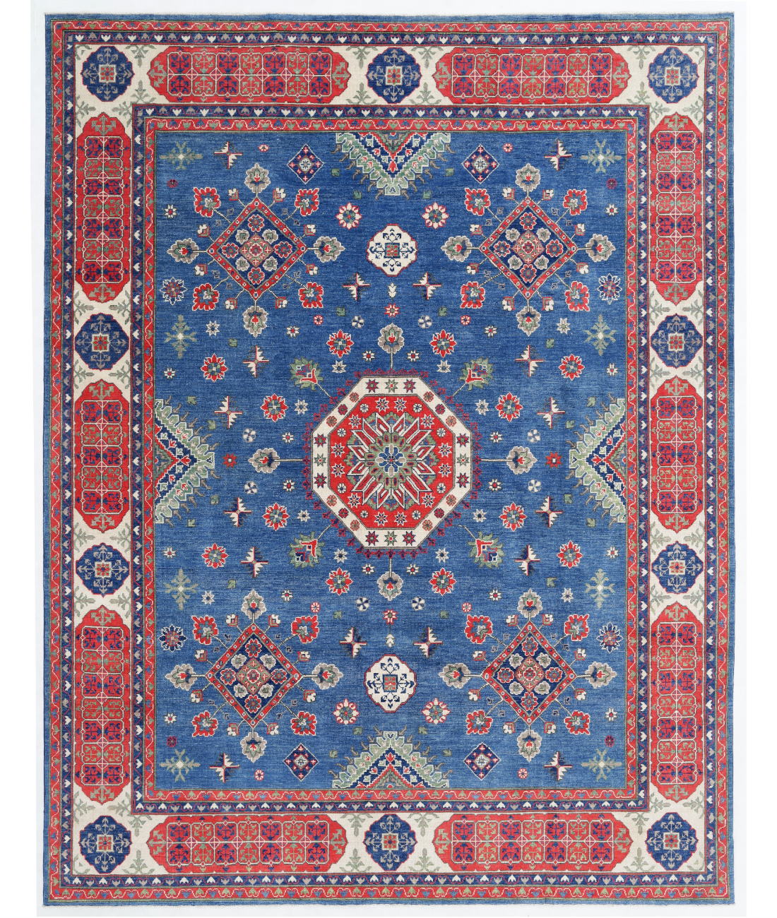 Hand Knotted Kazak Wool Rug  - 9&#39; 0&quot; X 11&#39; 9&quot; 9&#39; 0&quot; X 11&#39; 9&quot; (274 X 358) / Blue / Ivory