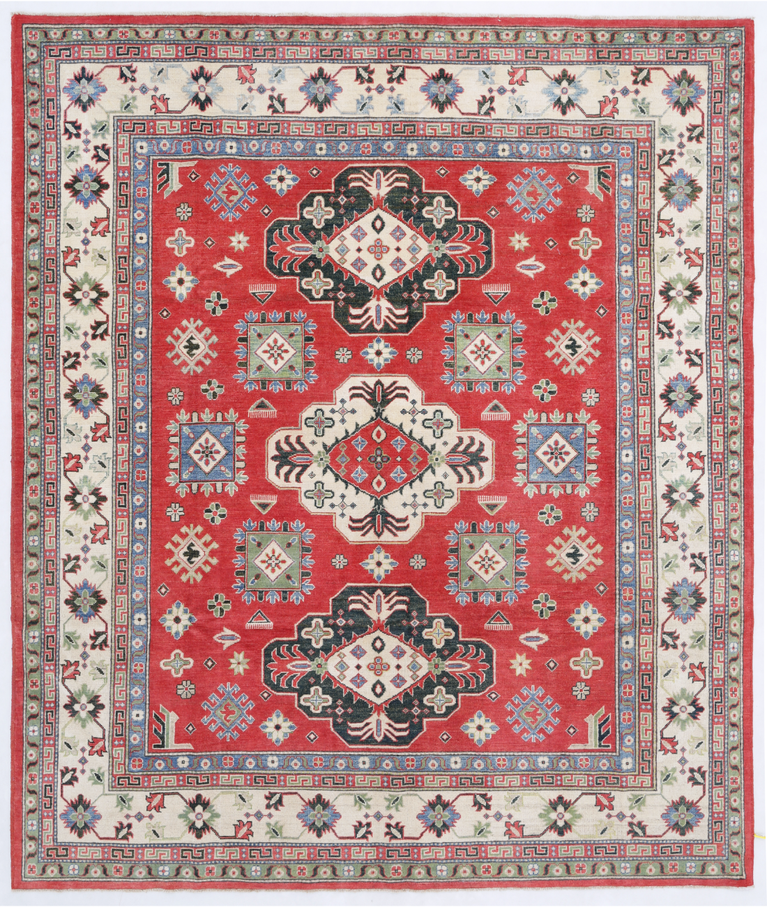 Hand Knotted Kazak Wool Rug  - 8&#39; 2&quot; X 9&#39; 7&quot; 8&#39; 2&quot; X 9&#39; 7&quot; (249 X 292) / Red / Ivory