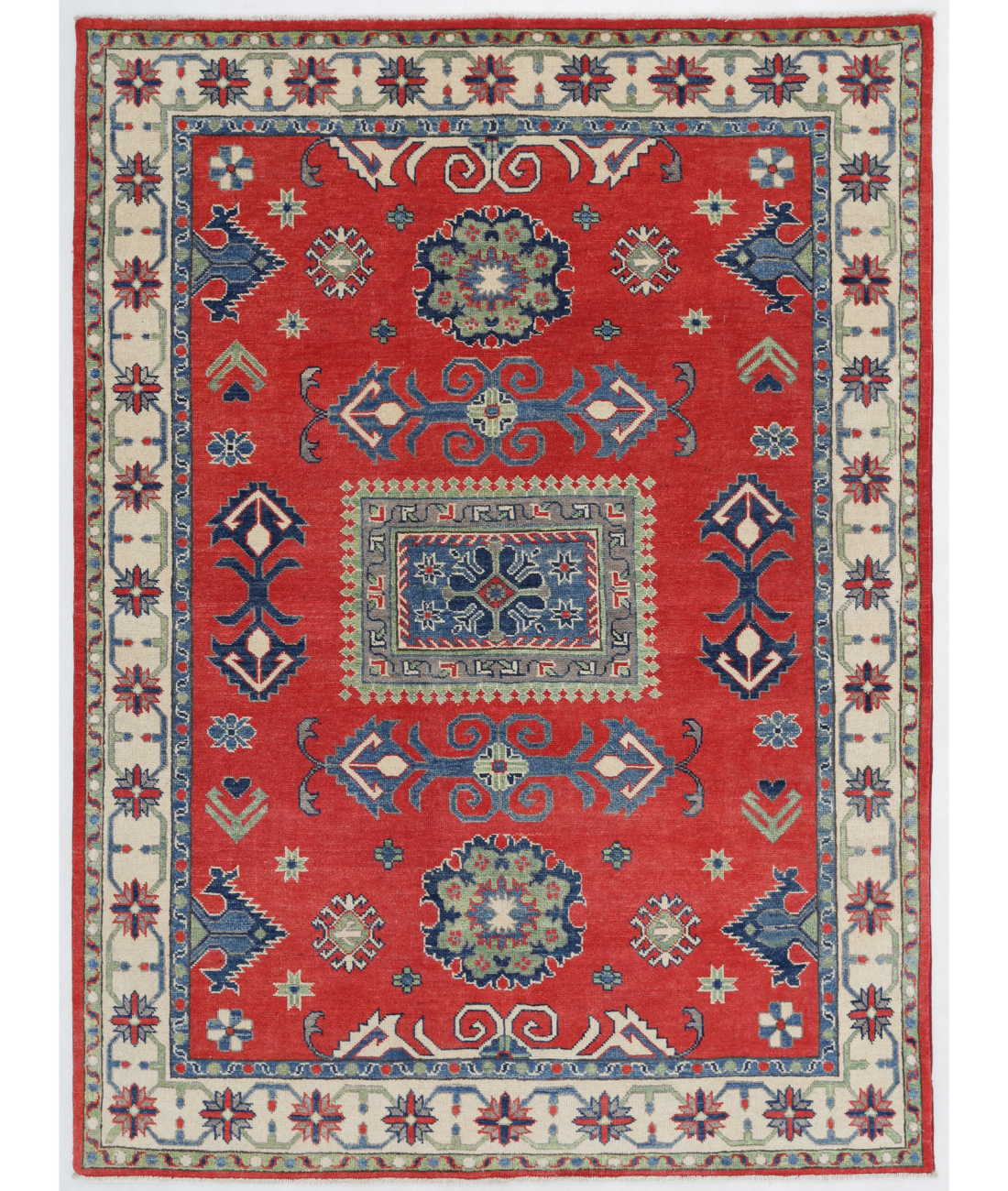 Hand Knotted Kazak Wool Rug  - 4' 11" X 6' 8" 4' 11" X 6' 8" (150 X 203) / Red / Ivory