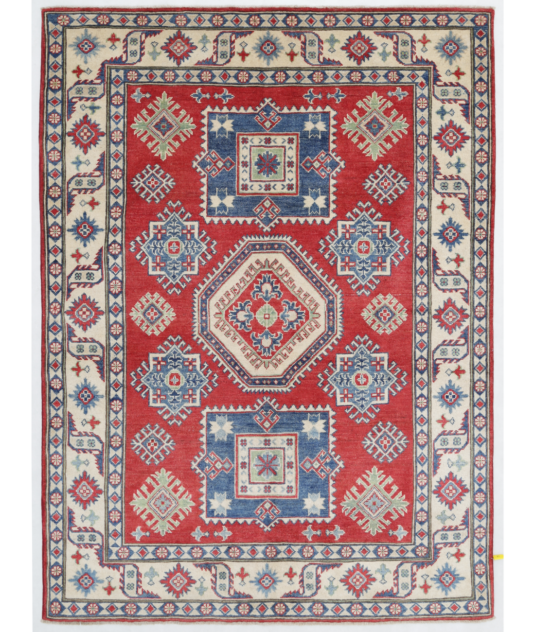 Hand Knotted Kazak Wool Rug  - 4' 11" X 6' 8" 4' 11" X 6' 8" (150 X 203) / Red / Ivory