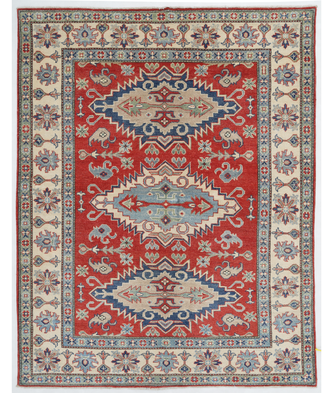 Hand Knotted Kazak Wool Rug  - 4' 11" X 6' 4" 4' 11" X 6' 4" (150 X 193) / Red / Ivory