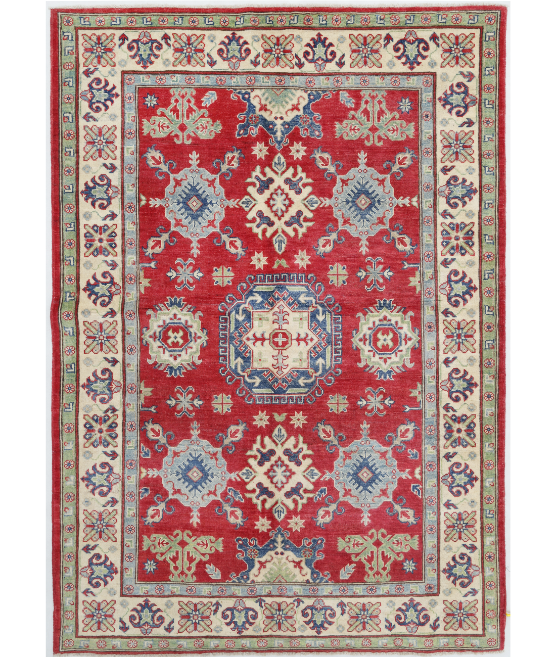 Hand Knotted Kazak Wool Rug  - 4' 11" X 7' 2" 4' 11" X 7' 2" (150 X 218) / Red / Ivory