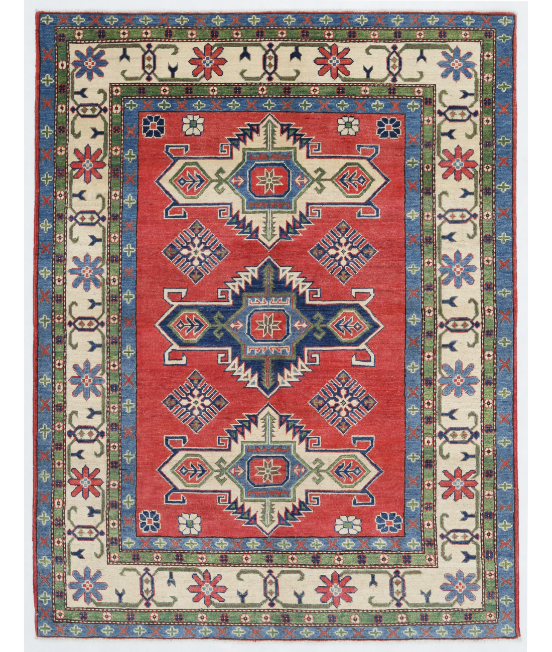 Hand Knotted Kazak Wool Rug  - 5&#39; 1&quot; X 6&#39; 7&quot; 5&#39; 1&quot; X 6&#39; 7&quot; (155 X 201) / Red / Ivory