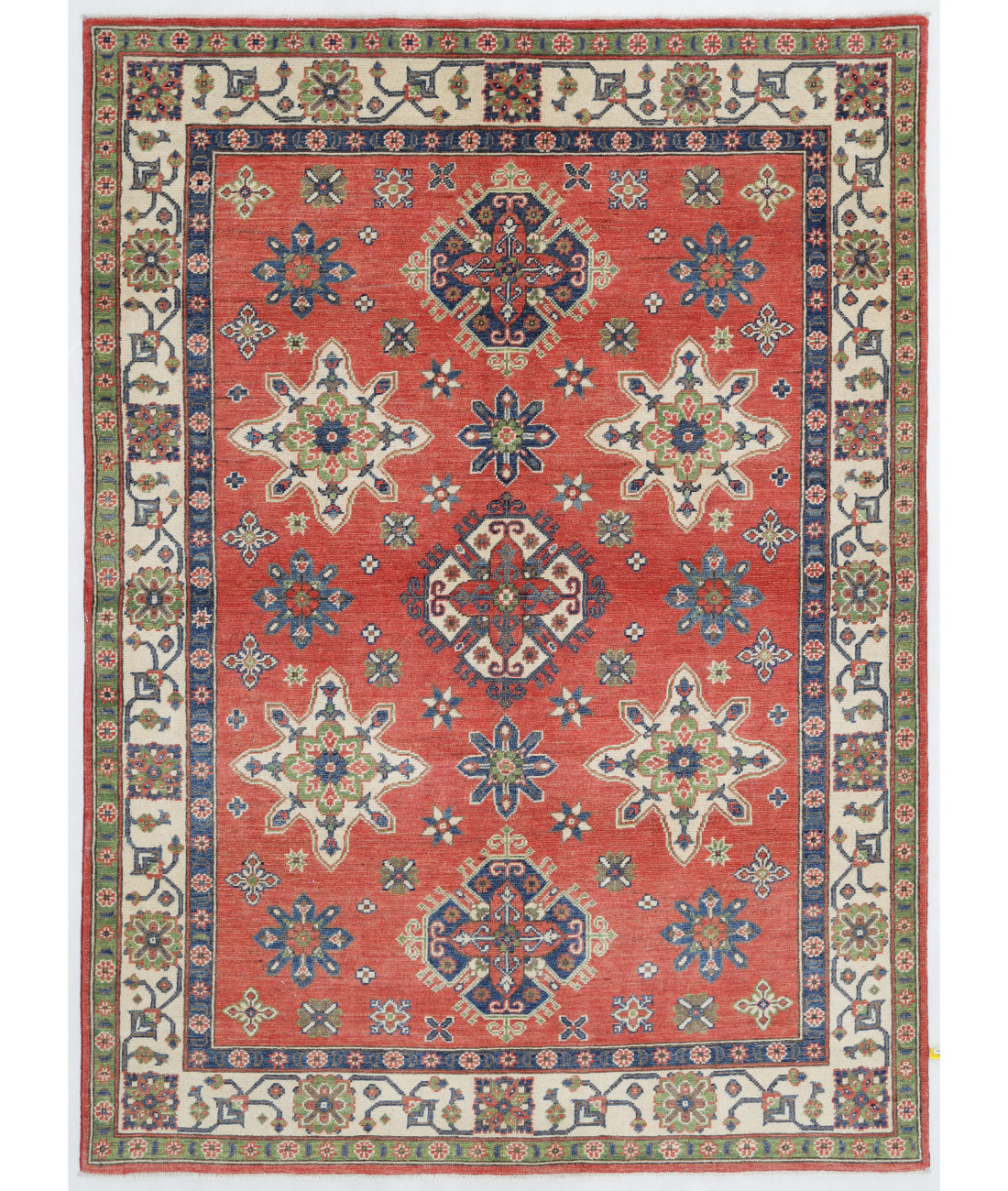 Hand Knotted Kazak Wool Rug  - 4' 11" X 6' 10" 4' 11" X 6' 10" (150 X 208) / Red / Ivory