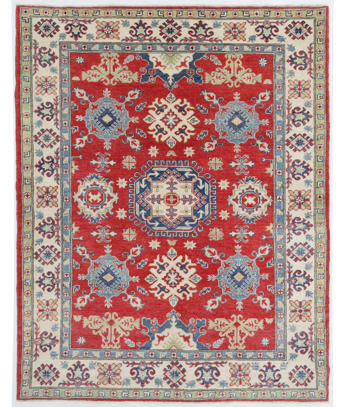 Hand Knotted Kazak Wool Rug  - 5&#39; 0&quot; X 6&#39; 4&quot; 5&#39; 0&quot; X 6&#39; 4&quot; (152 X 193) / Red / Ivory